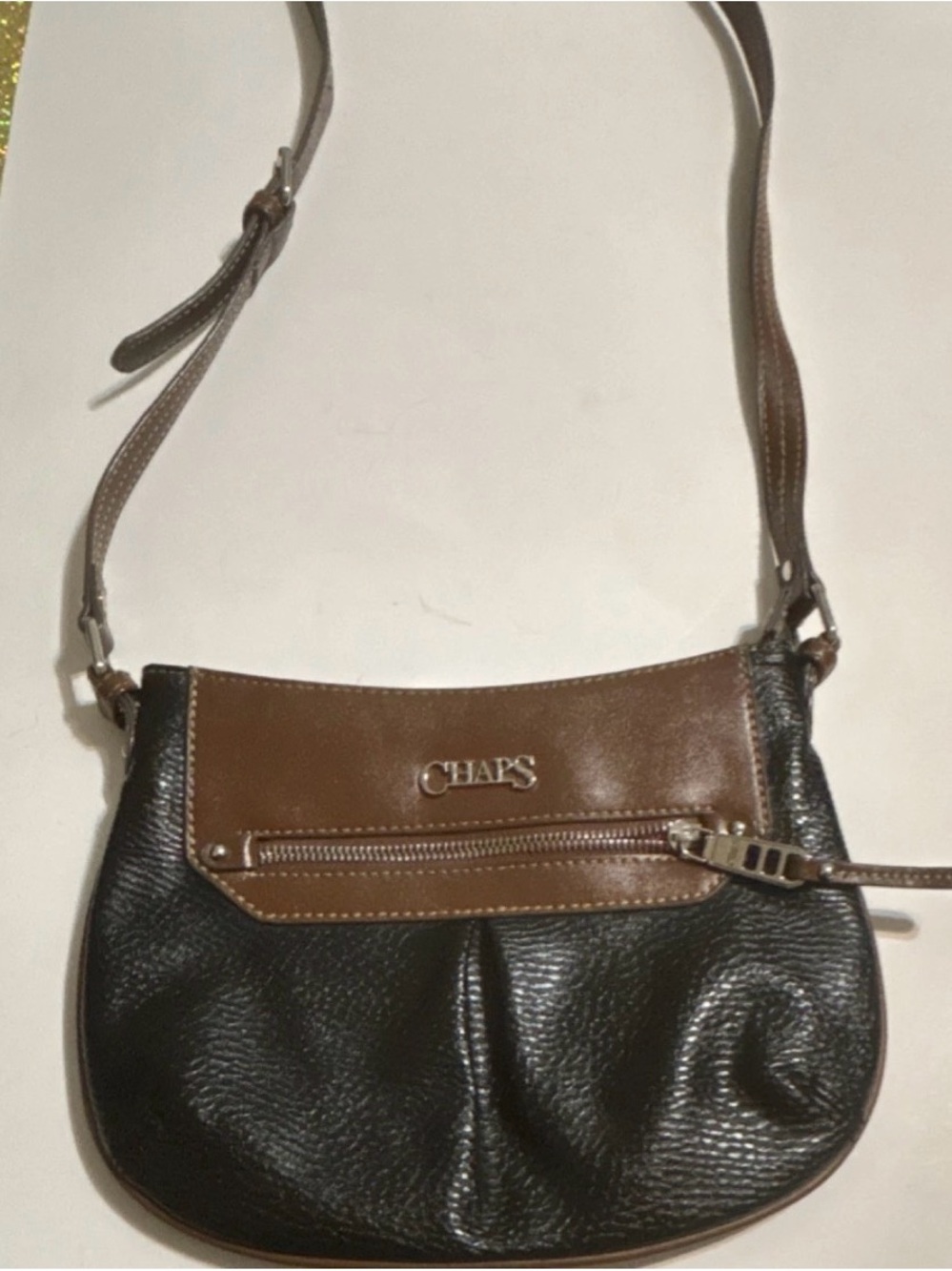 Chaps Black and Brown Pebbled Leather Crossbody Bag